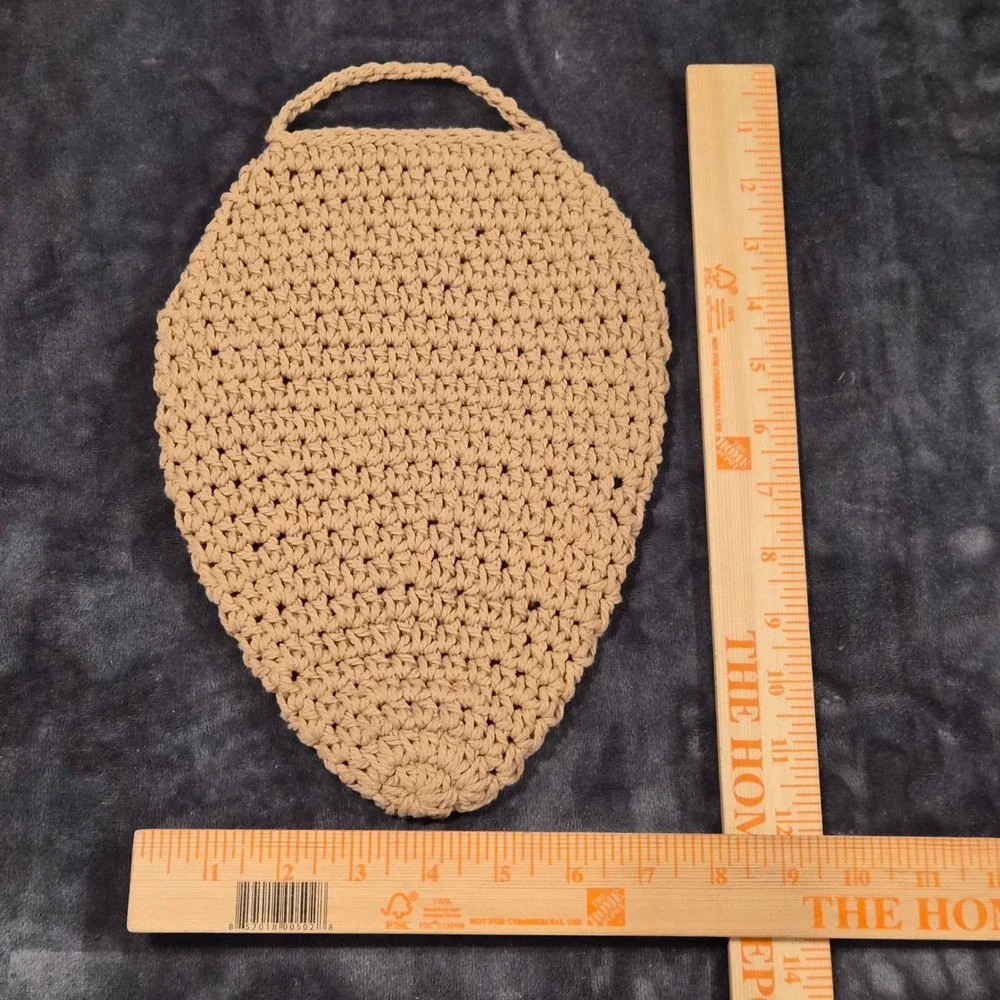 Handmade Crochet Teardrop Wall Hanging Basket Tan Boho Kitchen Storage Small